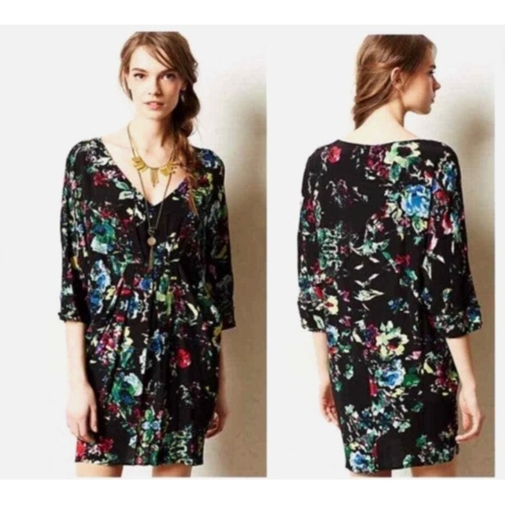 Anthropologie Maeve Petal Palette Shift Dress Black Floral Pockets XSMALLP